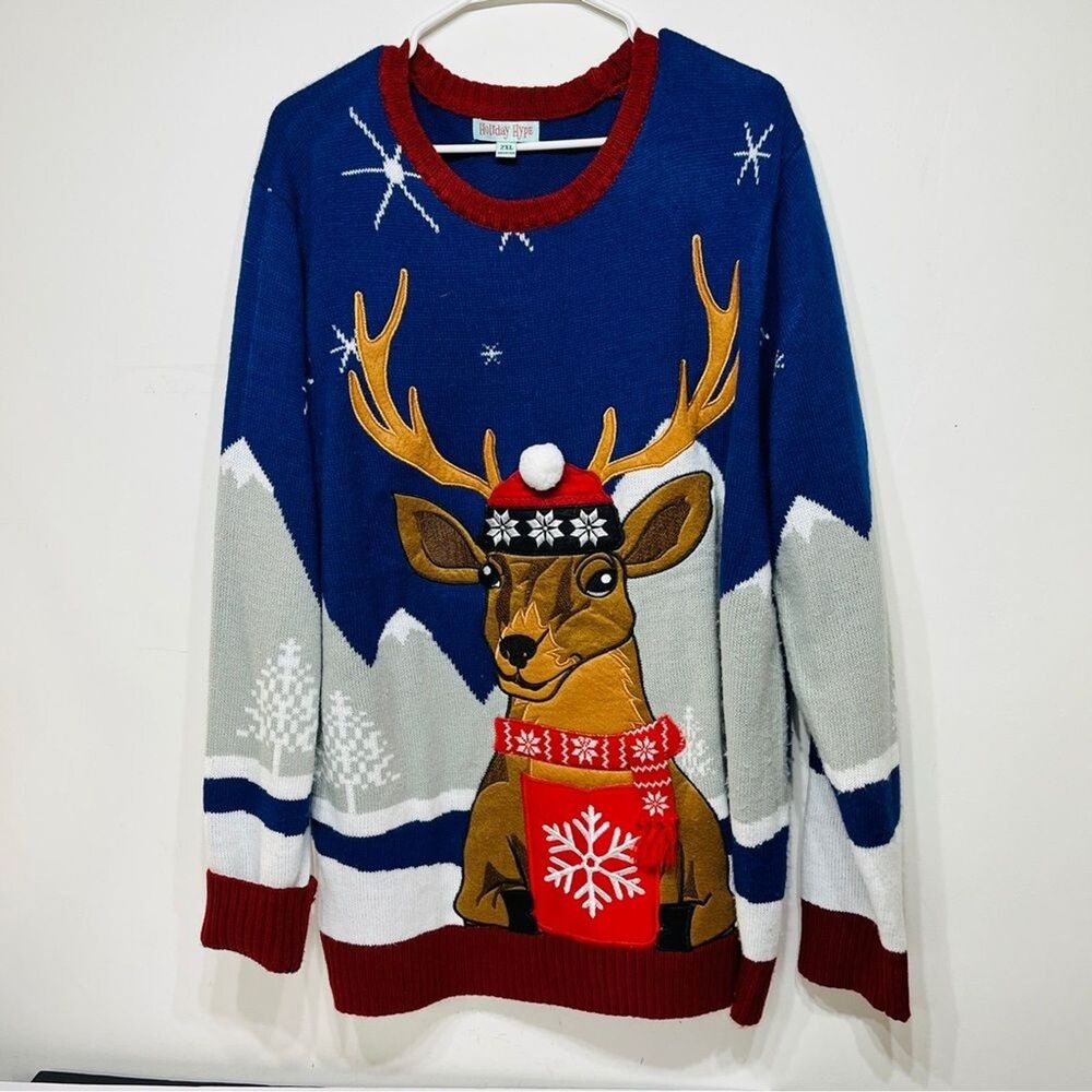 Holiday Hype Men’s Festive Reindeer Sweater Blue and Red 2XL Christmas